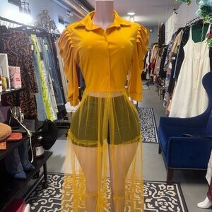 Yellow Sheer Overlay Dress with Puff Sleeves